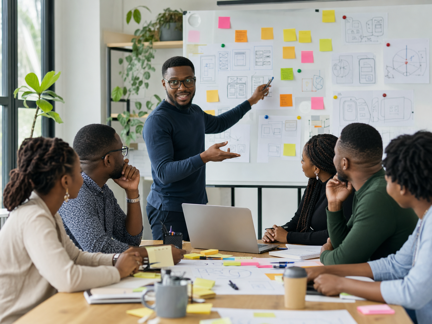 A product team discussing ideas while a presenter walks through design-thinking notes