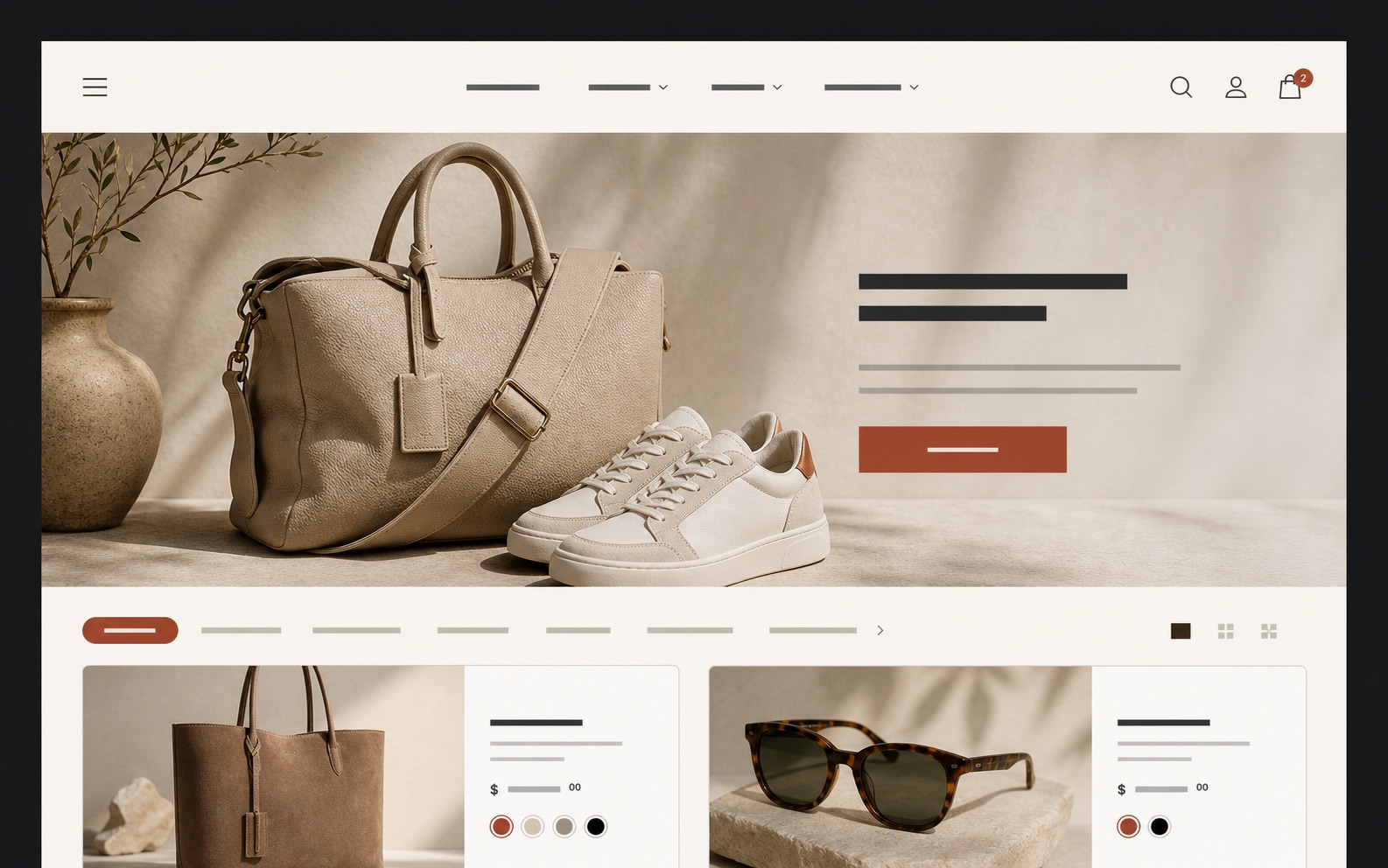 A polished ecommerce website showing fashion accessories and product listings