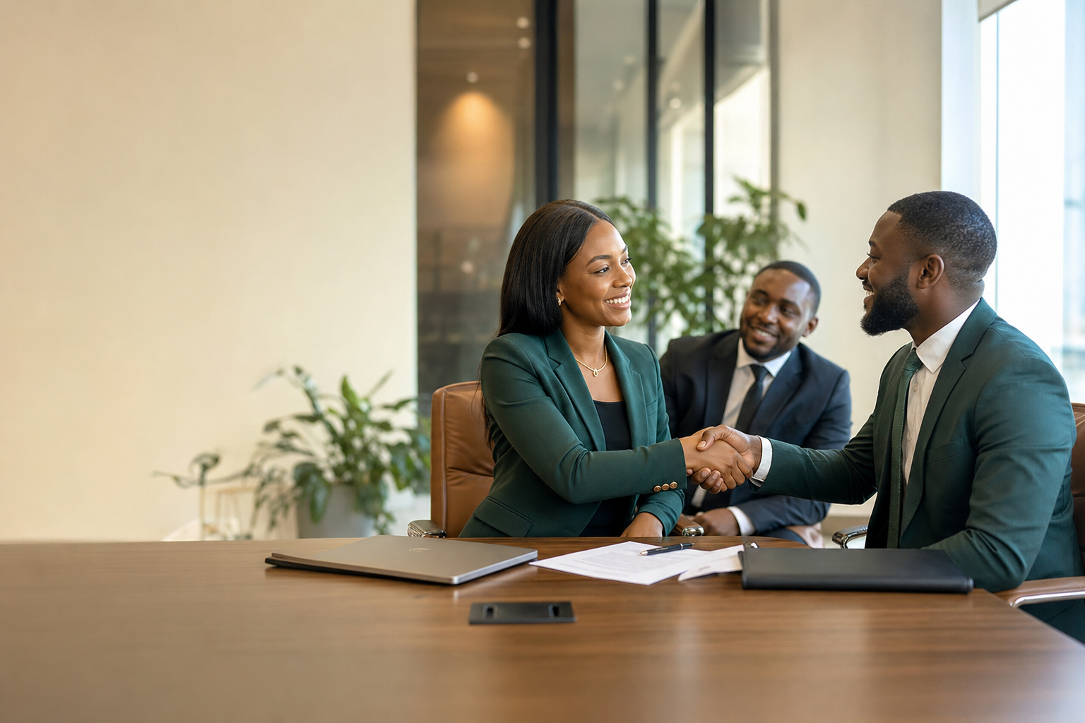 Business leaders shaking hands after agreeing on a partnership