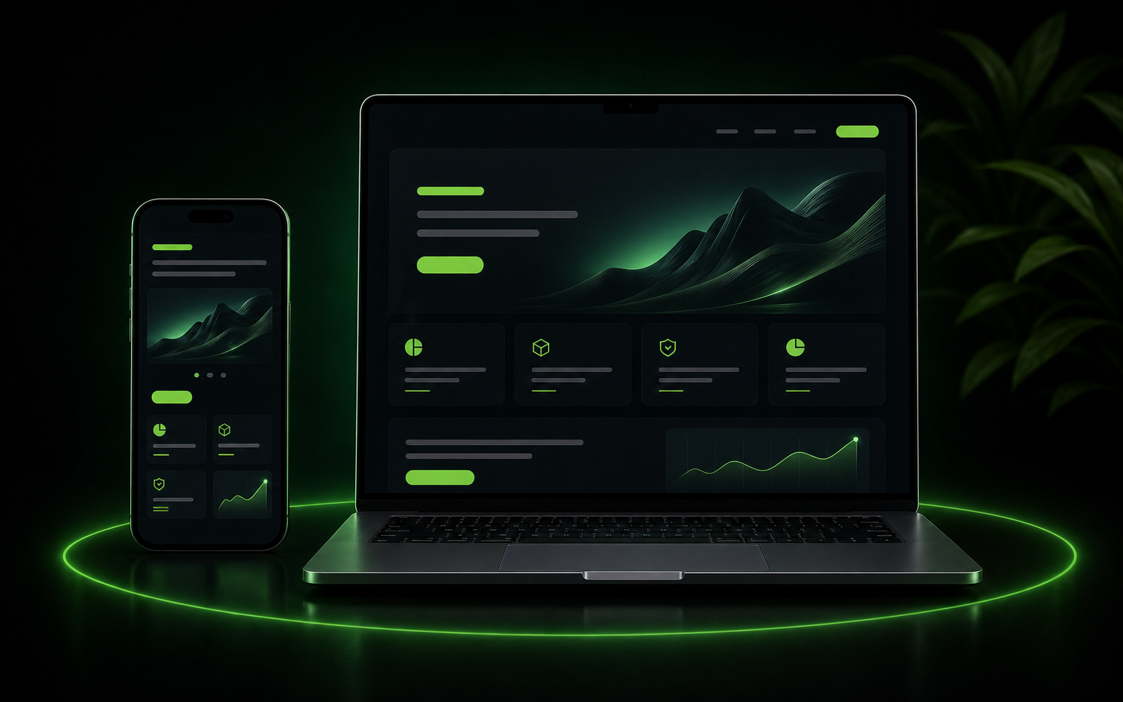 Premium laptop and phone displaying an abstract responsive website