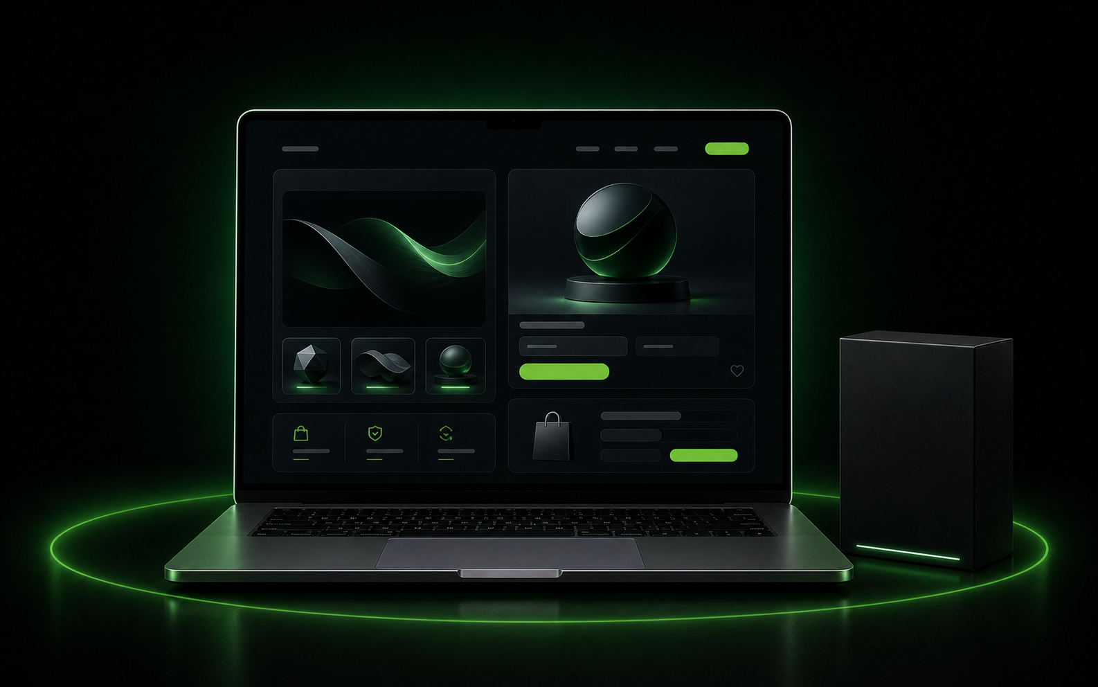 Premium laptop displaying an abstract ecommerce website interface