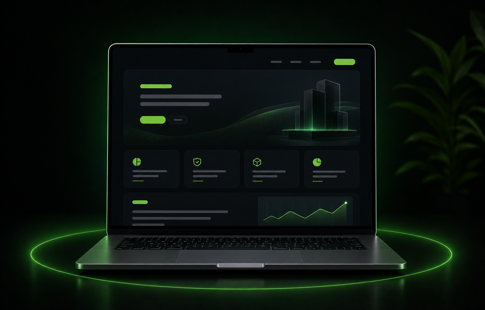 Premium laptop displaying an abstract business website interface